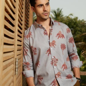 Men Elephant and Palm Tree Print Regular Shirt