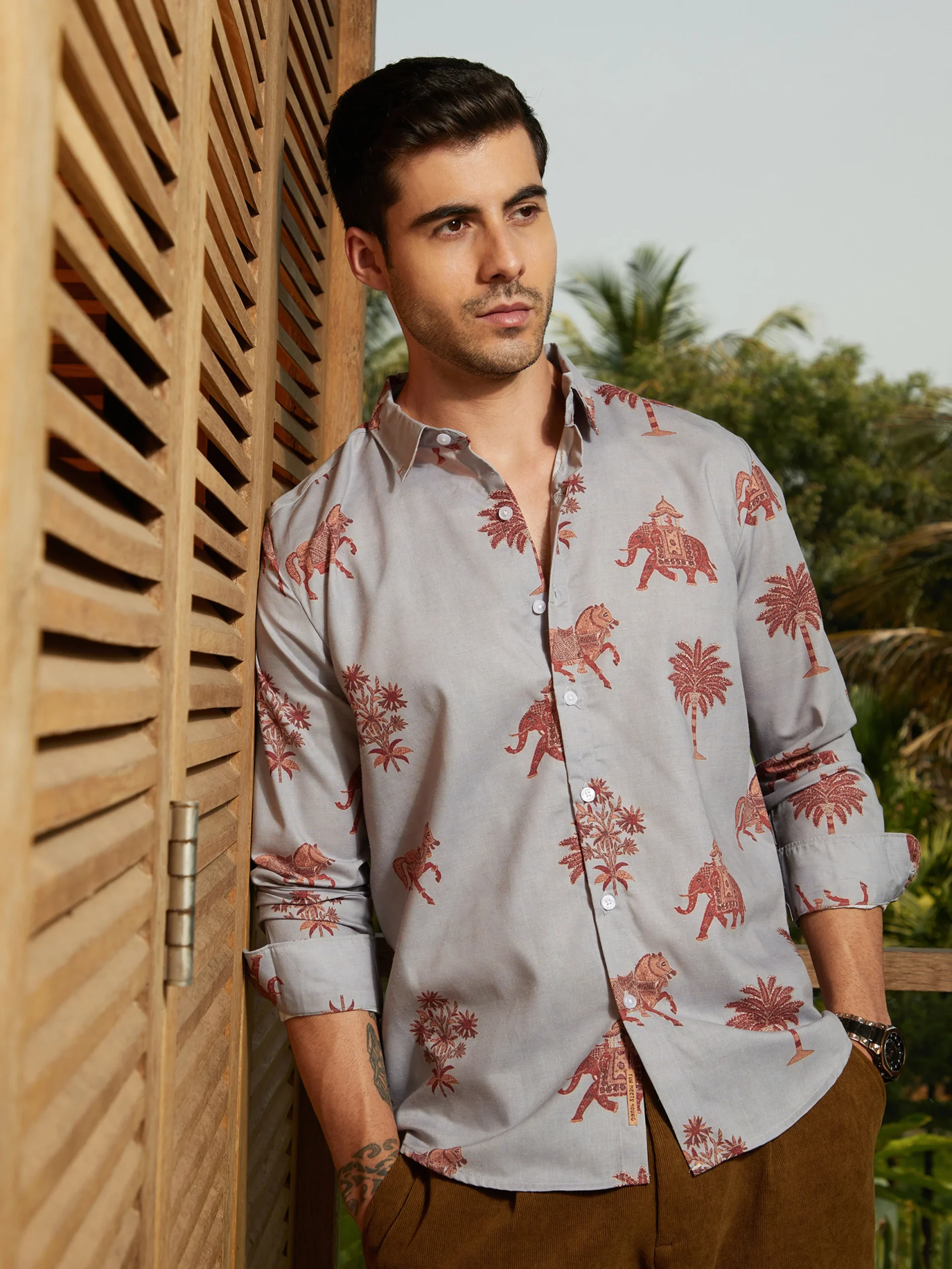Men Elephant and Palm Tree Print Regular Shirt