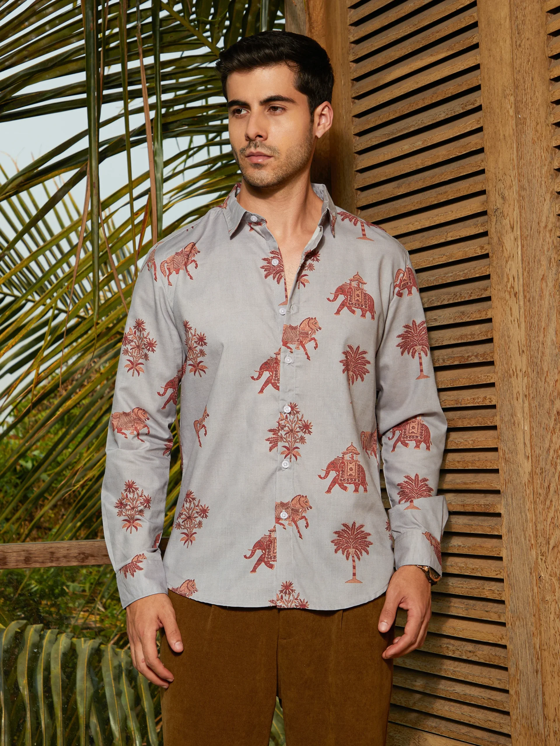 Men Elephant and Palm Tree Print Regular Shirt - Image 2