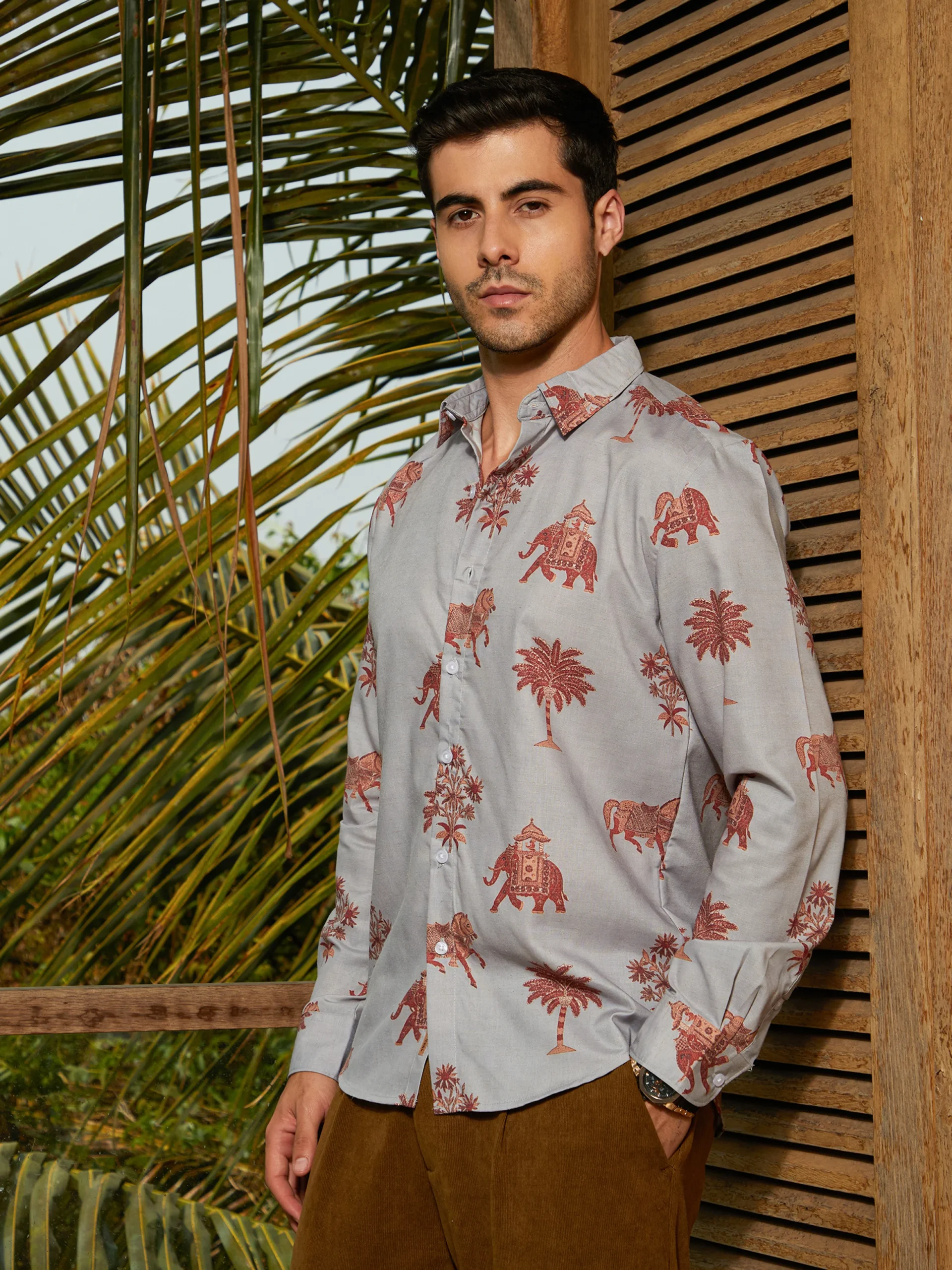 Men Elephant and Palm Tree Print Regular Shirt - Image 3
